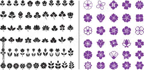 A comprehensive vector set featuring a grid of small black botanical icons alongside a collection of stylized purple flower heads, showcasing diverse floral silhouettes and geometric blooms.