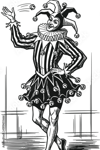 Jester in dynamic pose wearing striped costume and hat with bells illustration