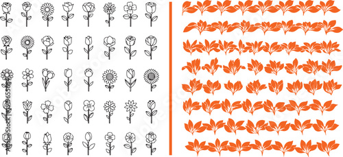 A collection of minimalist black line-art flower icons alongside horizontal rows of vibrant orange leaf patterns and floral borders, presented in a clean vector style.