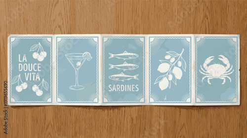 Vintage Mediterranean kitchen tiles, blue seafood and cocktail illustrations with sardines crab olives cherries, rustic wooden background decor