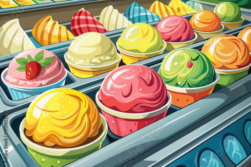 Close up of ice cream scoops in frosted supermarket freezer strawberry and lemon flavors prominent creamy swirls cold display shelf appetizing frozen treat