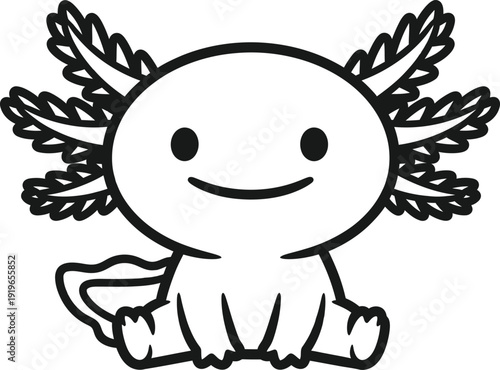 Smiling cartoon axolotl with feathery gills depicted in simple black and white line drawing style