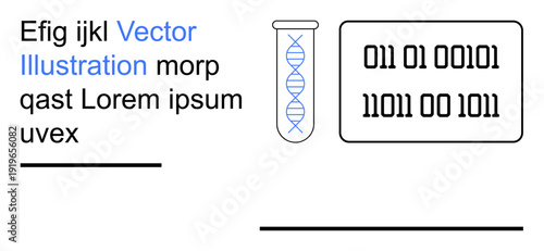 Biotechnology, data analysis, artificial intelligence, genetics, bioinformatics, digital technology. A test tube with DNA helix next to binary code. Biotechnology and data analysis concept