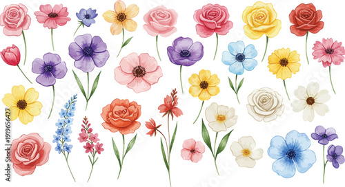 Colorful watercolor illustration of assorted flowers on white background with vibrant petals and stems