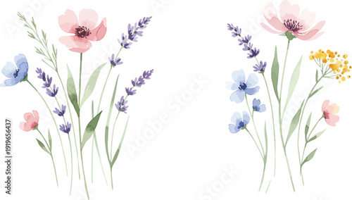 Watercolor illustration of two bouquets of colorful flowers on white background