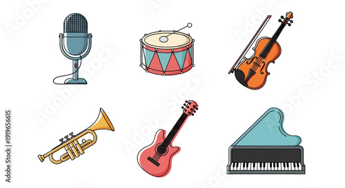 Musical instruments set on white background