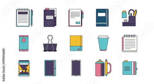 Office supplies and digital devices icon set