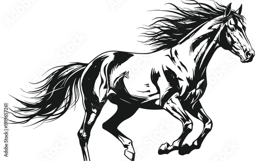 Majestic horse in full gallop with flowing mane and tail, exuding power and freedom