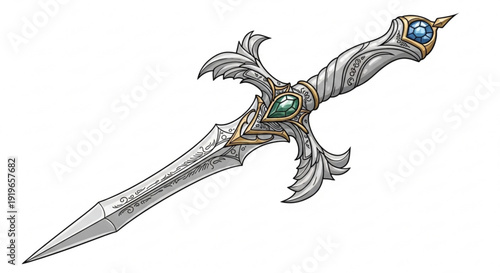 Fantasy Dagger Ornate Silver Gemstone Illustration Isolated on White Background