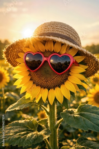A sunflower, stylishly decked out with heart-shaped sunglasses and a straw hat, basks in the warm glow of the setting sun over a field of blooming sunflowers