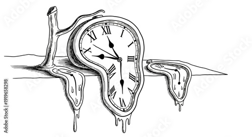 Conceptual hand-drawn melting clock on a shelf, symbolizing the abstract nature and fluidity of time and surrealism