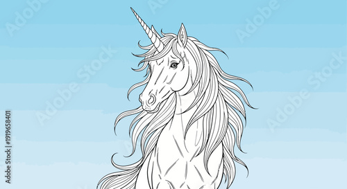 Majestic fantasy unicorn illustration. Detailed black and white line art drawing of a mythical creature with a flowing mane and horn.