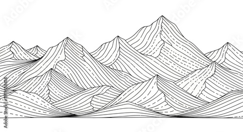 Abstract Stylized Mountain Range Line Art Illustration. Geometric Black and White Landscape Drawing. Nature Seamless Pattern Background.