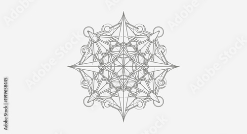 Elegant Sacred Geometry Abstract Design. Intricate Symmetrical Wireframe Pattern. Futuristic Crystalline Art on White Background.