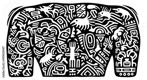 Intricate abstract tribal patterns on a stylized human torso, featuring ancient ethnic symbols, mythological creatures, and spiritual art