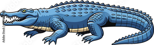 Blue alligator with open mouth showing sharp teeth and scaly skin