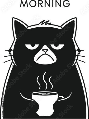 Grumpy black cat enjoying morning coffee with a displeased expression