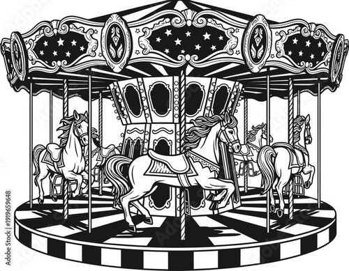Vintage carousel with horses and other animals in motion on a checkered floor