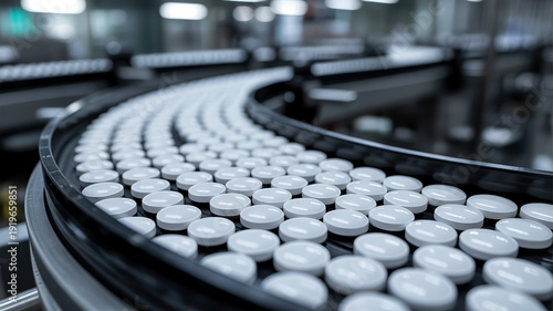 Pharmaceutical production line with white tablets moving along a conveyor belt in a modern facility, showcasing automated manufacturing processes and quality control measures