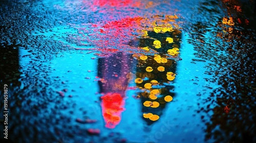 Reflections of lights in a puddle on wet pavement. Red and yellow lights are visible. Blue water. AI.