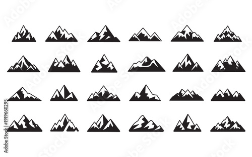 Mountain Landscape & Nature Peak Line Icons: Adventure, Travel, Outdoor, Summit, Hiking