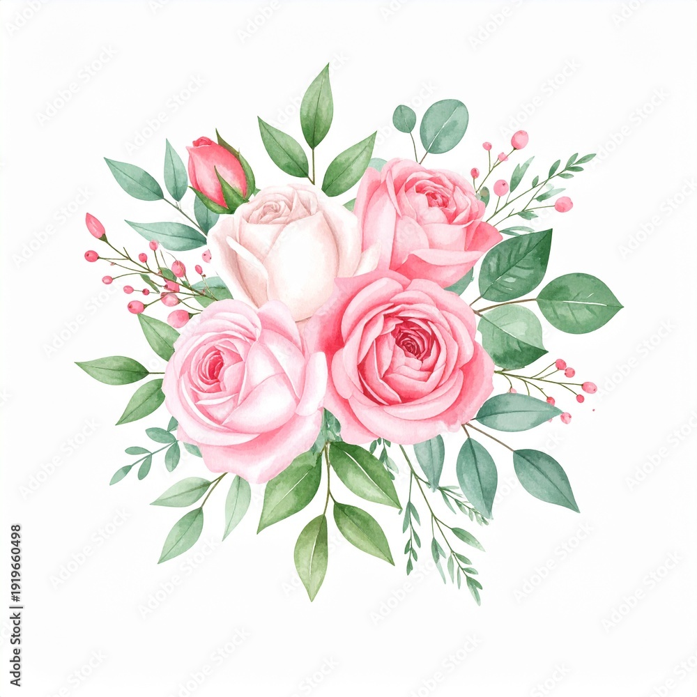 Fototapeta premium Watercolor illustration of a bouquet, featuring various rose colors and green foliage