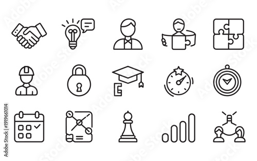 Business Strategy and Management Icons with Handshake, Idea Bulb, Calendar, Chess.
