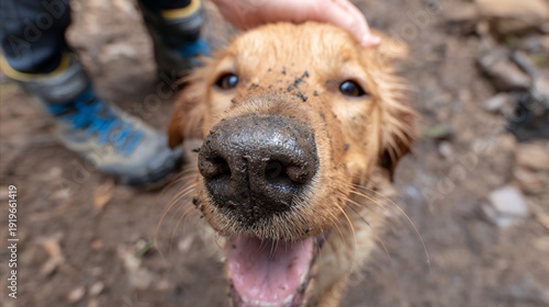 Dog with a muddy nose is smiling