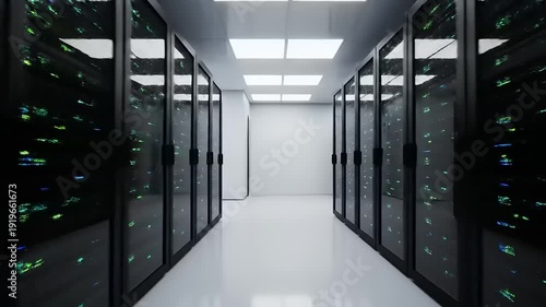 Data Center Server Room Corridor with Computers.