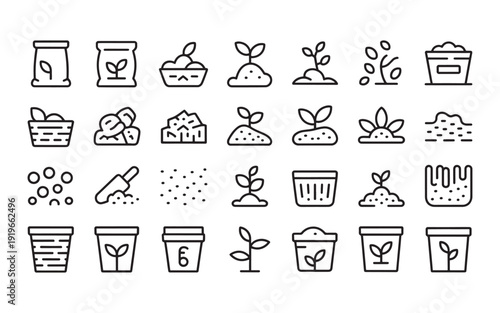 Gardening icons: planting, seeds, pots, soil, sprouts, growth, agriculture