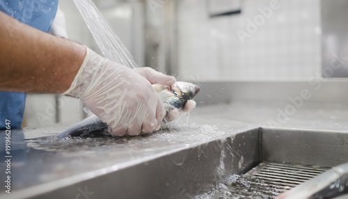 Seafood worker preparing fresh fish, cleaning under running water in professional facility