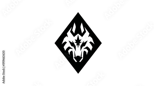 Fierce Black Wolf Head Emblem in Diamond Shape. Stylized Aggressive Predatory Animal Mascot Logo with Sharp Fangs
