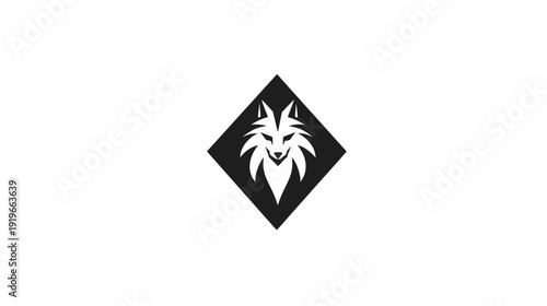 Modern minimalist black and white stylized wolf head in a diamond shape. Powerful animal graphic for logo design and branding.