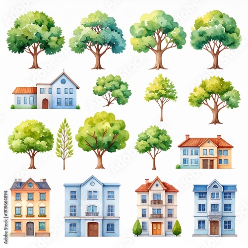 Watercolor illustration of trees and colorful buildings in various sizes and styles