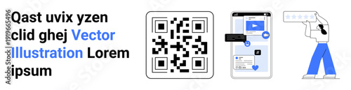 Digital communication, user interaction, ecommerce, technology solutions, online payment, mobile scanning. A QR code, smartphone interface and user with device. Digital communication and user