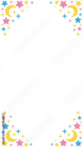 きらきらと輝くような星やポップな紙吹雪の幾何学模様が楽しいフレーム素材です。わくわくする明るい色彩は、パーティーの案内や子供向けのメッセージカードに最適。希望や幸福感あふれるデザインが、大切な言葉を彩ります。