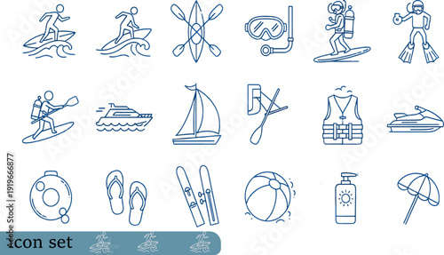Print Blue Line Icon Set for Summer Beach Activities and Water Sports Featuring Surfing Scuba Diving Sailing and Nautical Safety Gear