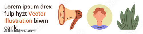 Communication tools, nature appreciation, user identification, announcements, marketing, greenery. A megaphone, a simplified portrait and leafy plant feature prominently. Communication and nature