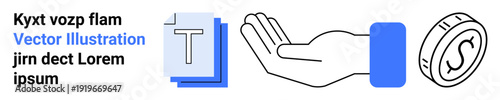 Finance, communication, transactions, assistance, currency, symbol exchange. A coin, hand gesture and text icon in a modern style. Finance and communication visually