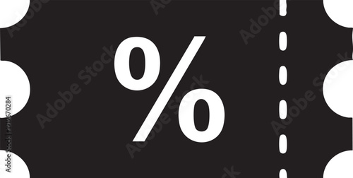 Black silhouette icon of a discount coupon or promotional voucher with a percentage sign for retail and sales.