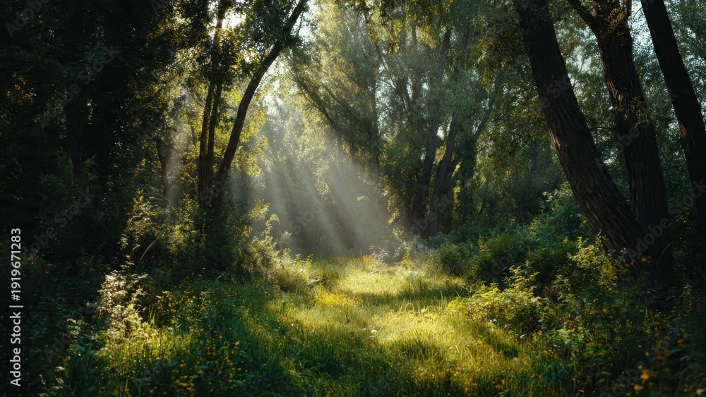 Fototapeta premium Sunlit Path through Lush Green Forest