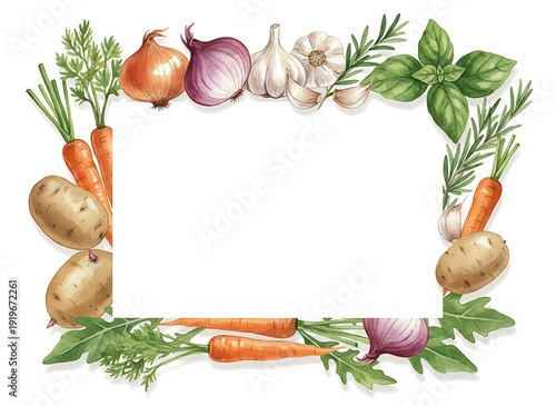 Watercolor illustration of various fresh vegetables arranged as a decorative border