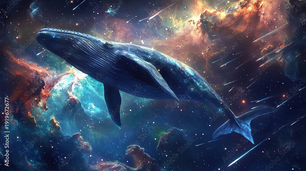 Fototapeta premium Celestial Whale: A magnificent whale gracefully swims through a cosmic ocean, amidst swirling nebulae and shimmering stars. A fusion of earthly wonder and celestial majesty.