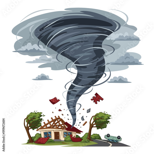 Tornado Destroying House and Trees