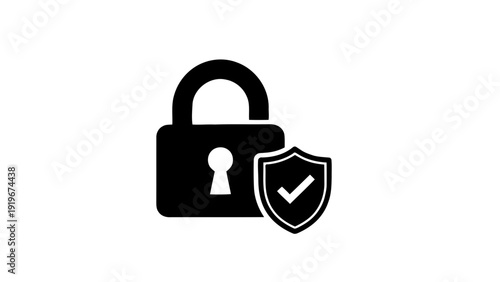 Vector illustration of black icon of a padlock and a shield with a checkmark, security concept on a transparent background