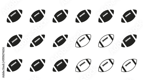 Vector illustration of collection of black and white american footballs on on a transparent background