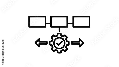Vector illustration of a black and white icon of gear with check mark and flow chart boxes on a transparent background