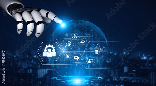 Foto AI optimizing business management system, enhancing productivity, tracking progress, analyzing performance, and automating teamwork coordination across structured operations
