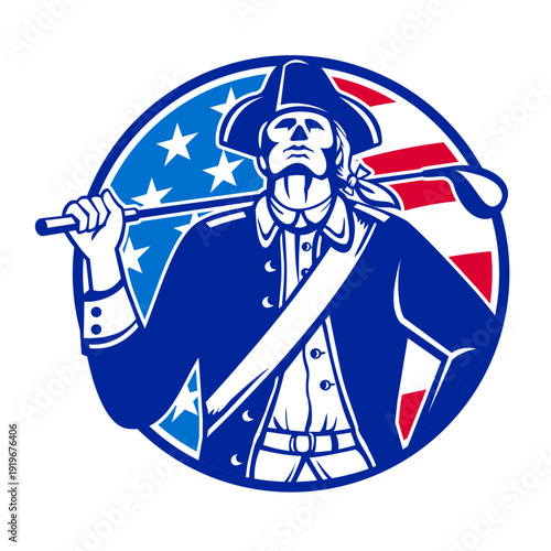 Retro logo style illustration of an American revolutionary soldier patriot golfer with golf club golfing viewed from front set inside circle with USA flag on isolated background.
