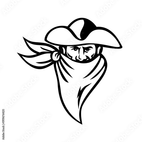 Retro logo mascot style illustration of an American revolutionary patriot soldier highwayman wearing a face mask bandana viewed from front on isolated background done in black and white.